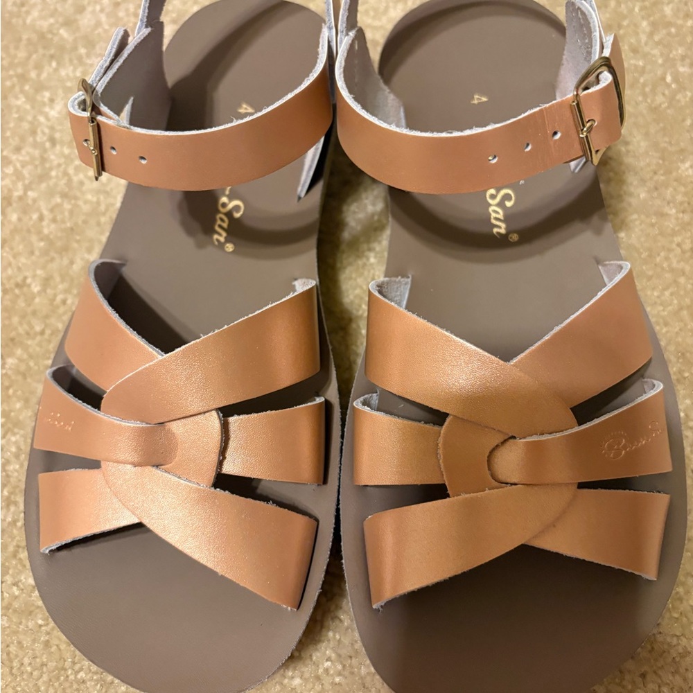 Toddler/Youth Tan Leather Strappy Sandals with Ankle Buckle